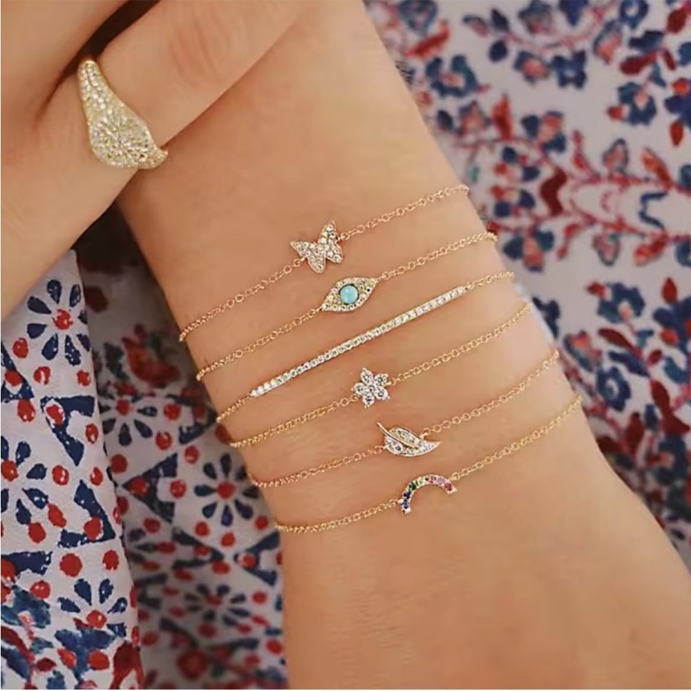 Gold Charm Bracelet Set of 6, butterfly, evil eye, rainbow charms